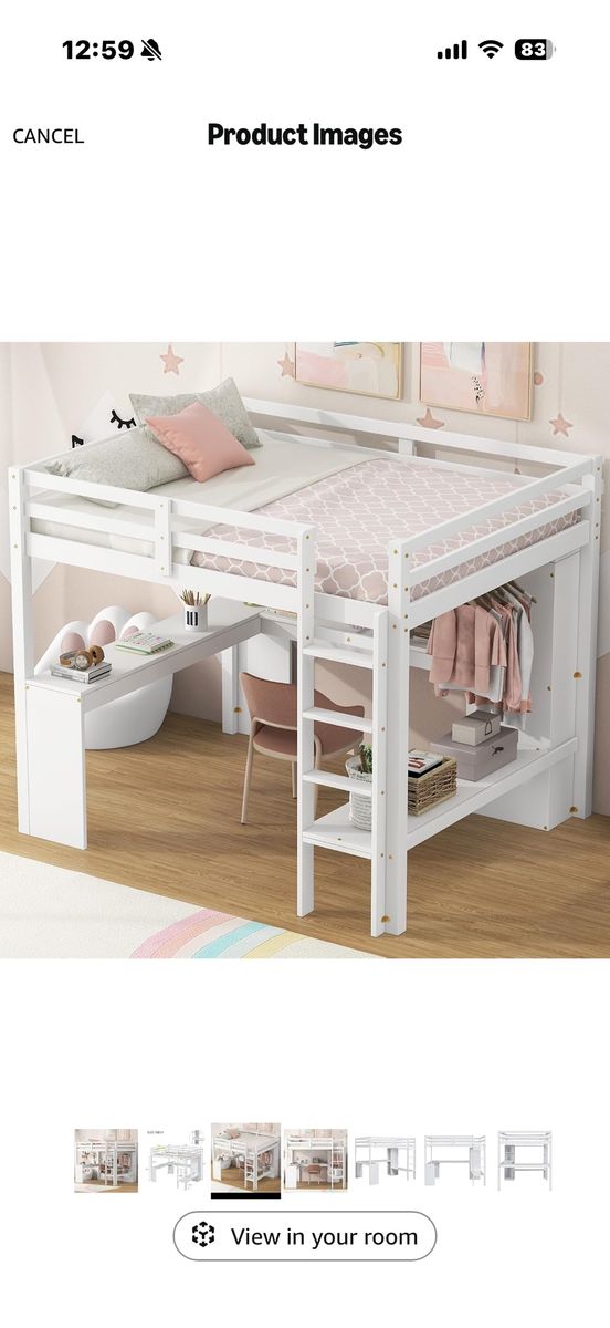 Full Size Loft Bed Frame with Built-in L Shaped Desk, Storage Wardrobe and Shelves