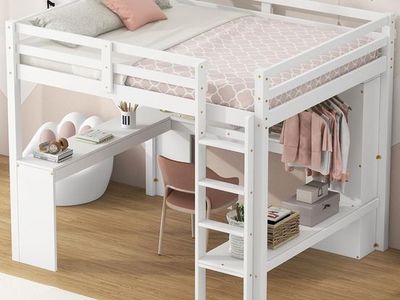 Full Size Loft Bed Frame with Built-in L Shaped Desk, Storage Wardrobe and Shelves