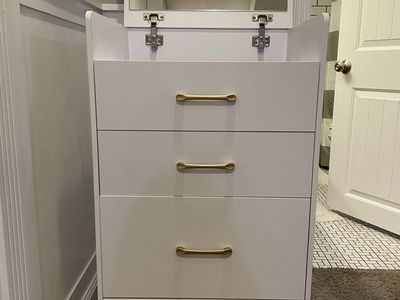 Modern White Vanity Dresser with Flip-Top Mirror and Gold Hardware with built in seat/drawer