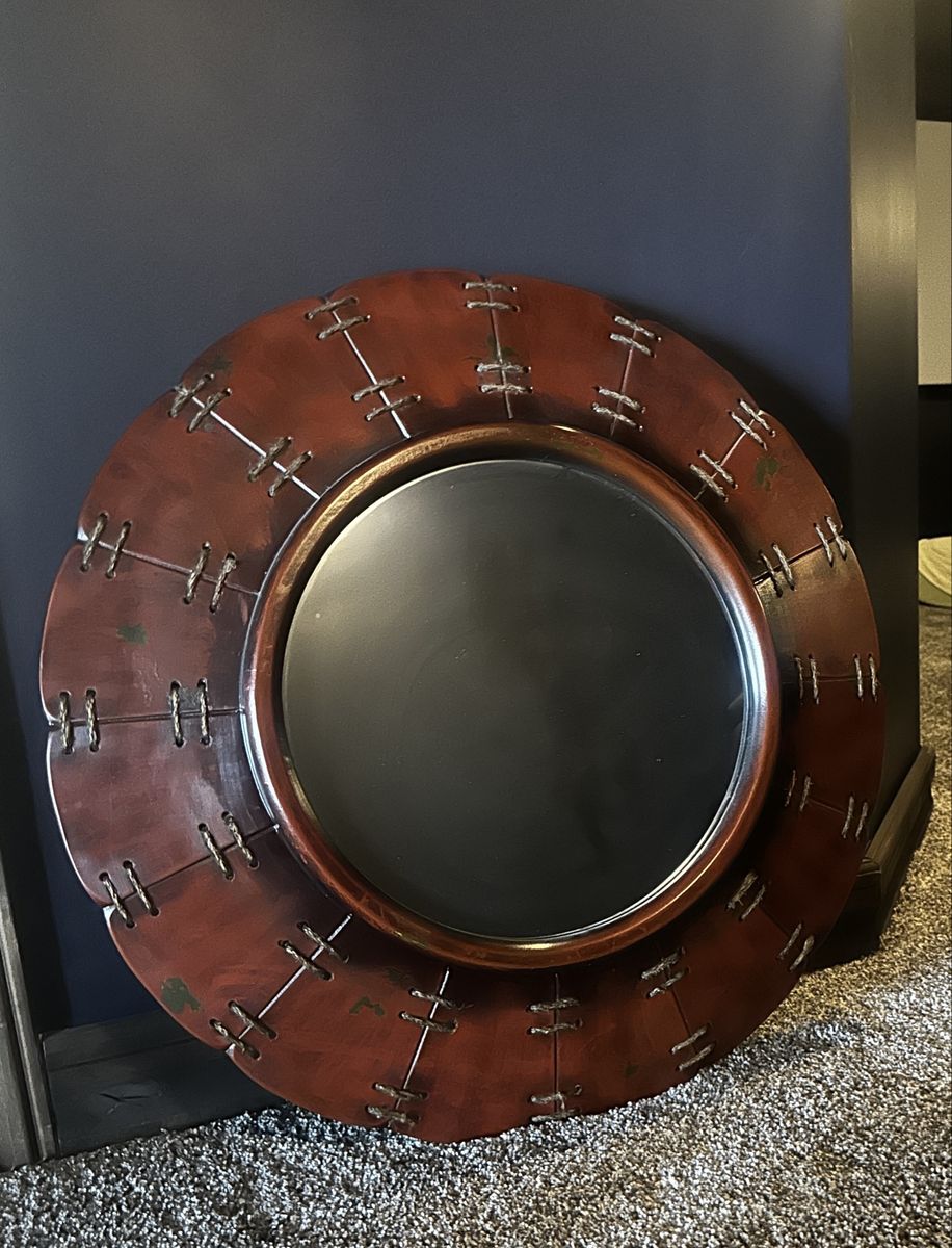 Decorative Red Metalwork Round Wall Mirror - 32" Diameter Unique Stitch Design