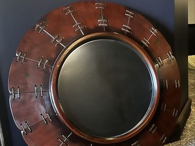 Decorative Red Metalwork Round Wall Mirror - 32" Diameter Unique Stitch Design