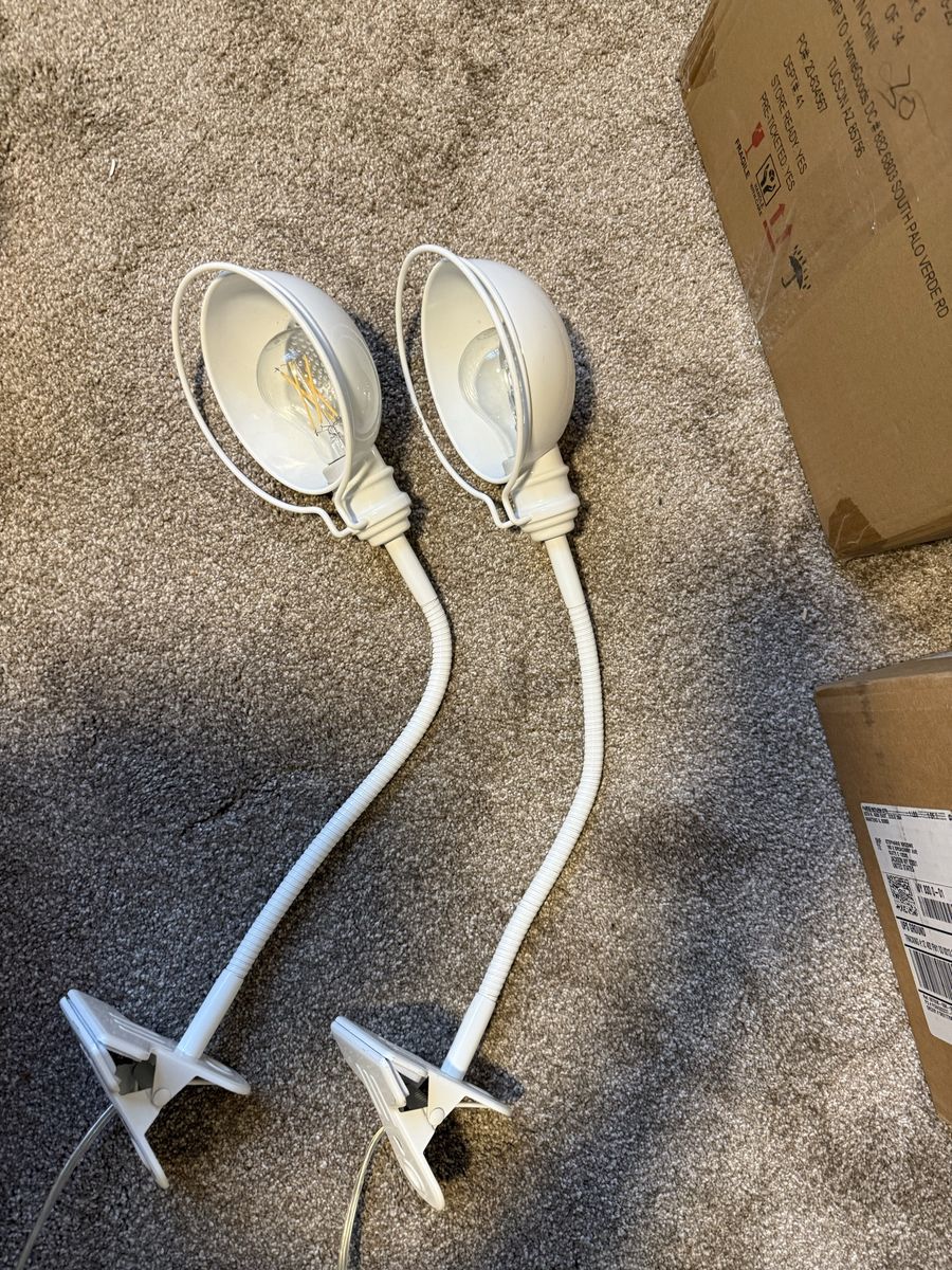 Set of 2 White Clip-On Gooseneck Desk Lamps with LED Bulbs