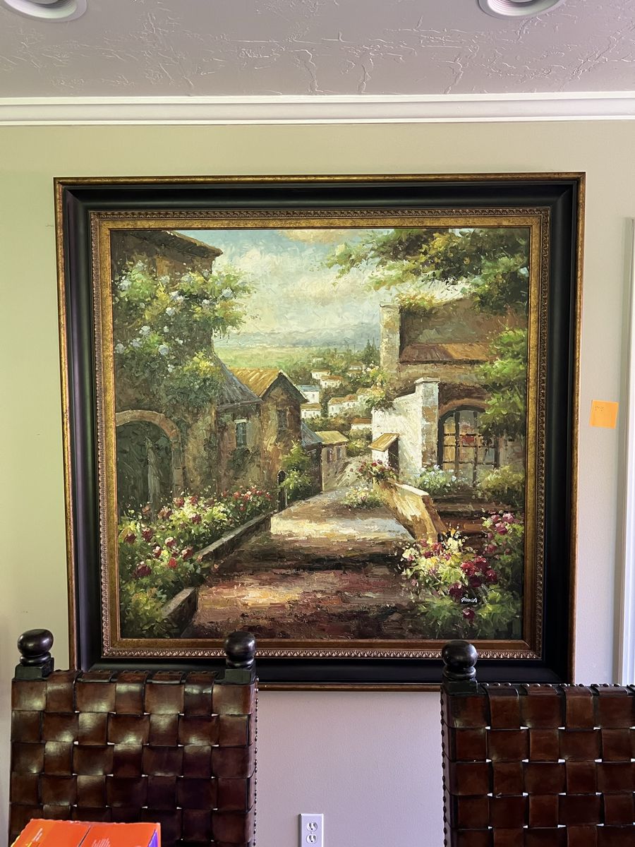 Large Framed Oil Painting - European Village Landscape Art with Gold Accents