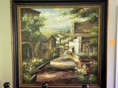 Large Framed Oil Painting - European Village Landscape Art with Gold Accents