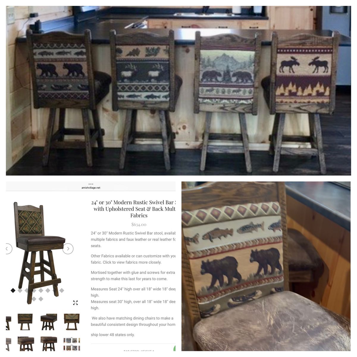 Amish Village 24" Modern Rustic Swivel Bar Stool with Upholstered Seat & Back