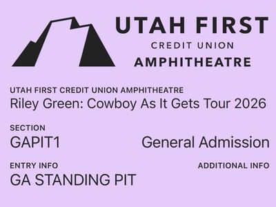 Riley Green: Cowboy As It Gets Tour 2026 - GA Standing Pit Ticket, Utah First Credit Union Amphitheatre