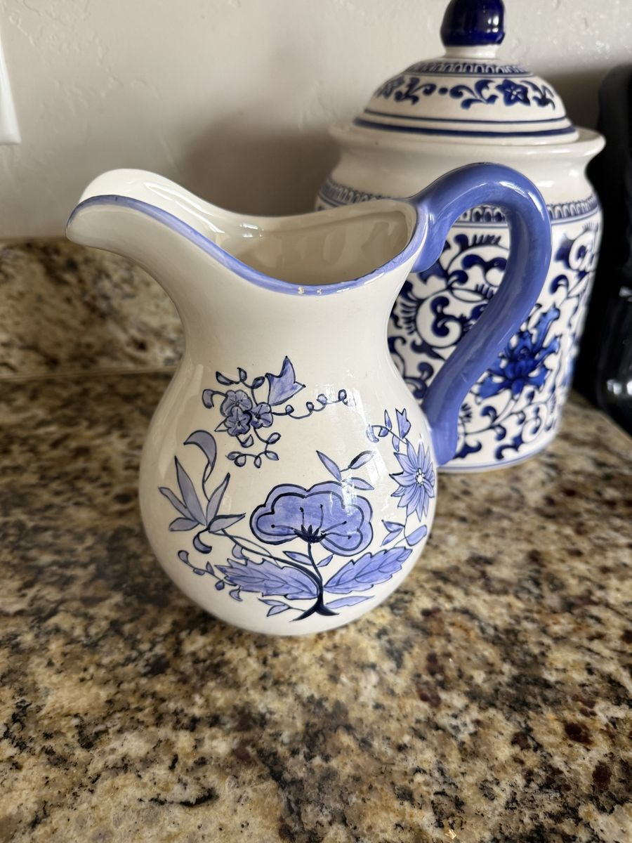 Blue and white pitcher