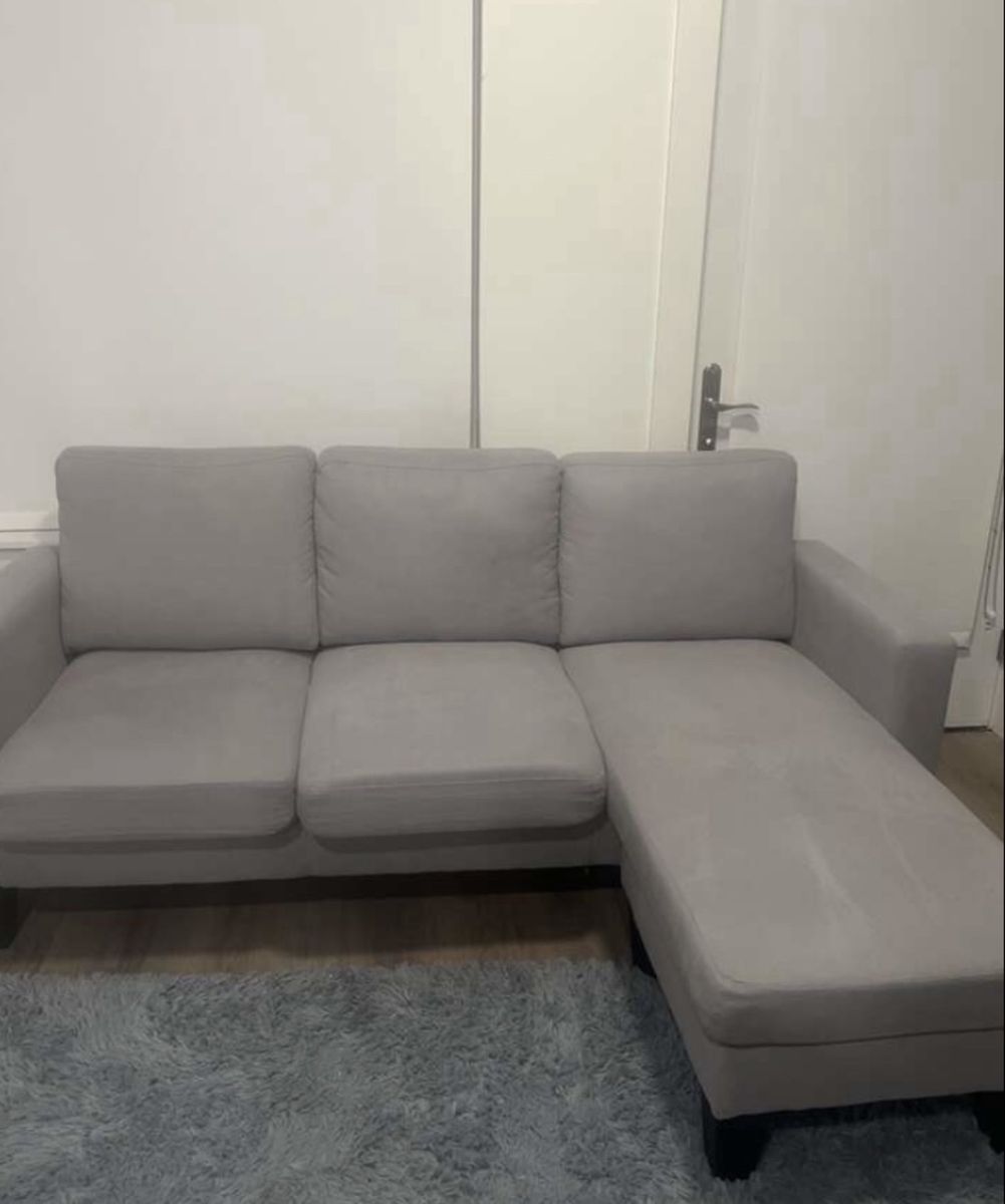 Convertible Grey 3-Seat Sectional L-shaped Sofa couch with Moveable Ottoman, fabric