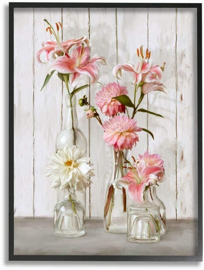 24" x 30" Spring Pink Florals Lily in Glass Jars Feminine Rustic Flowers