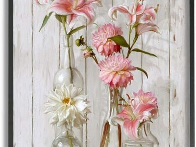 24" x 30" Spring Pink Florals Lily in Glass Jars Feminine Rustic Flowers
