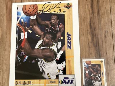 Karl Malone Autograph Upper Deck card & Hand Signed 8x10 Photograph NBA Utah Jazz Basketball