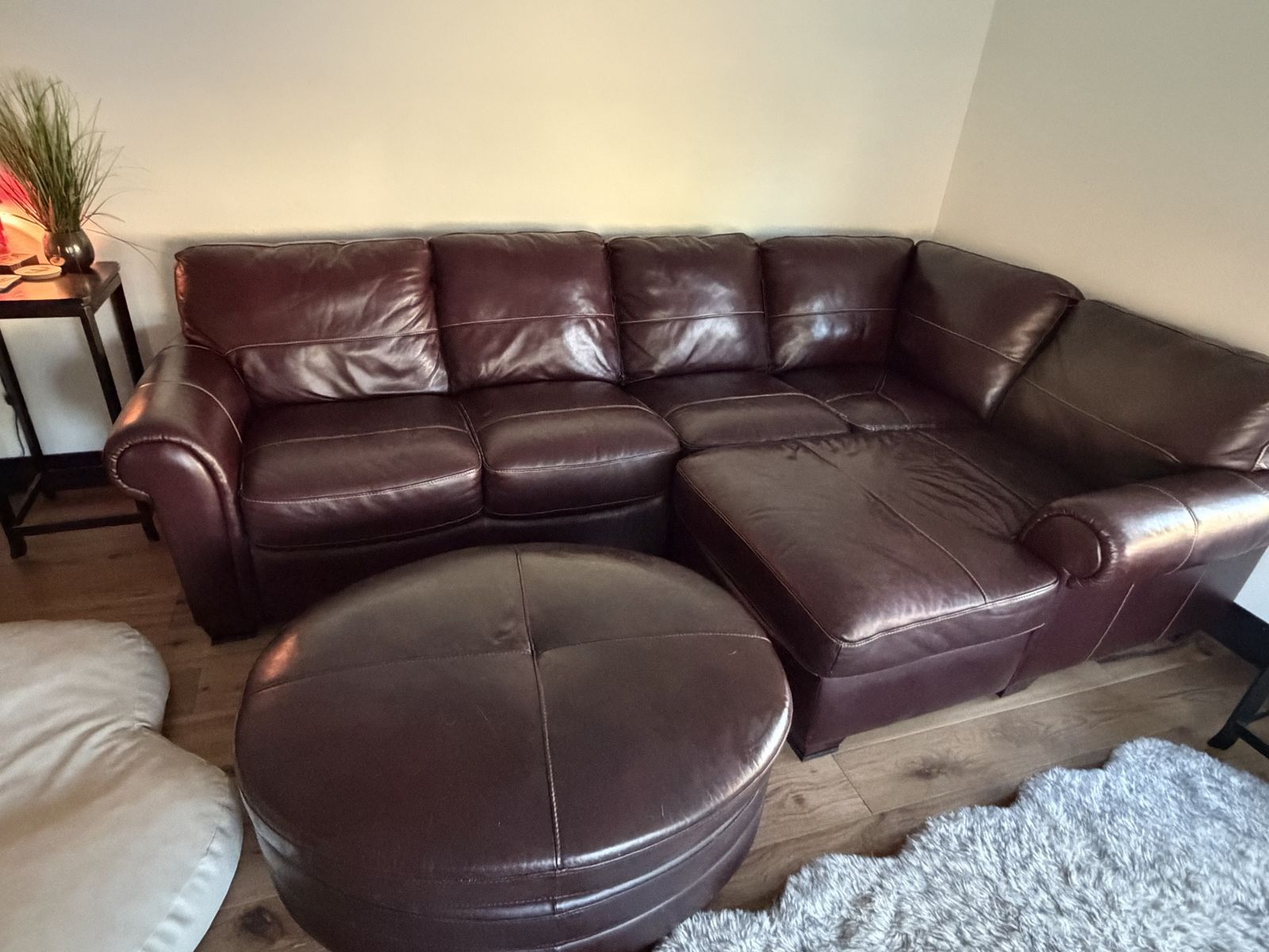 Oxblood Leather Sectional & Ottoman