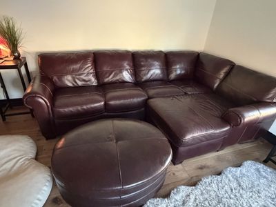 Oxblood Leather Sectional & Ottoman