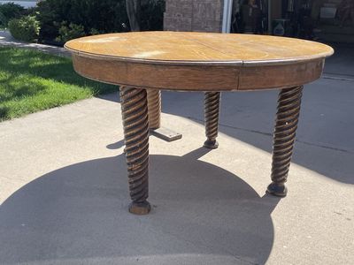 Antique Solid Oak Round Dining Table with Ornate Barley Twist Legs - 48" Diameter, 30" Height