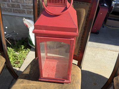 Red Decorative Metal & Glass Lanterns - Set of 2, 12-inch Tall, Rustic Finish