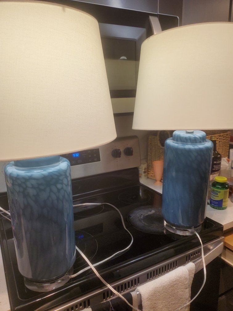 Pair of Blue Speckled Glass Table Lamps W/ Fabric Shades - Excellent Condition