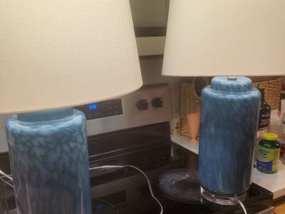 Pair of Blue Speckled Glass Table Lamps W/ Fabric Shades - Excellent Condition