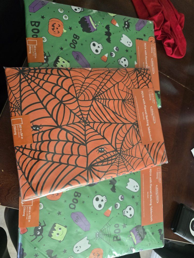 Holiday Home PEVA with Flannel Backing Tablecloth - Spiderwebs & Boo, 60x84in, New