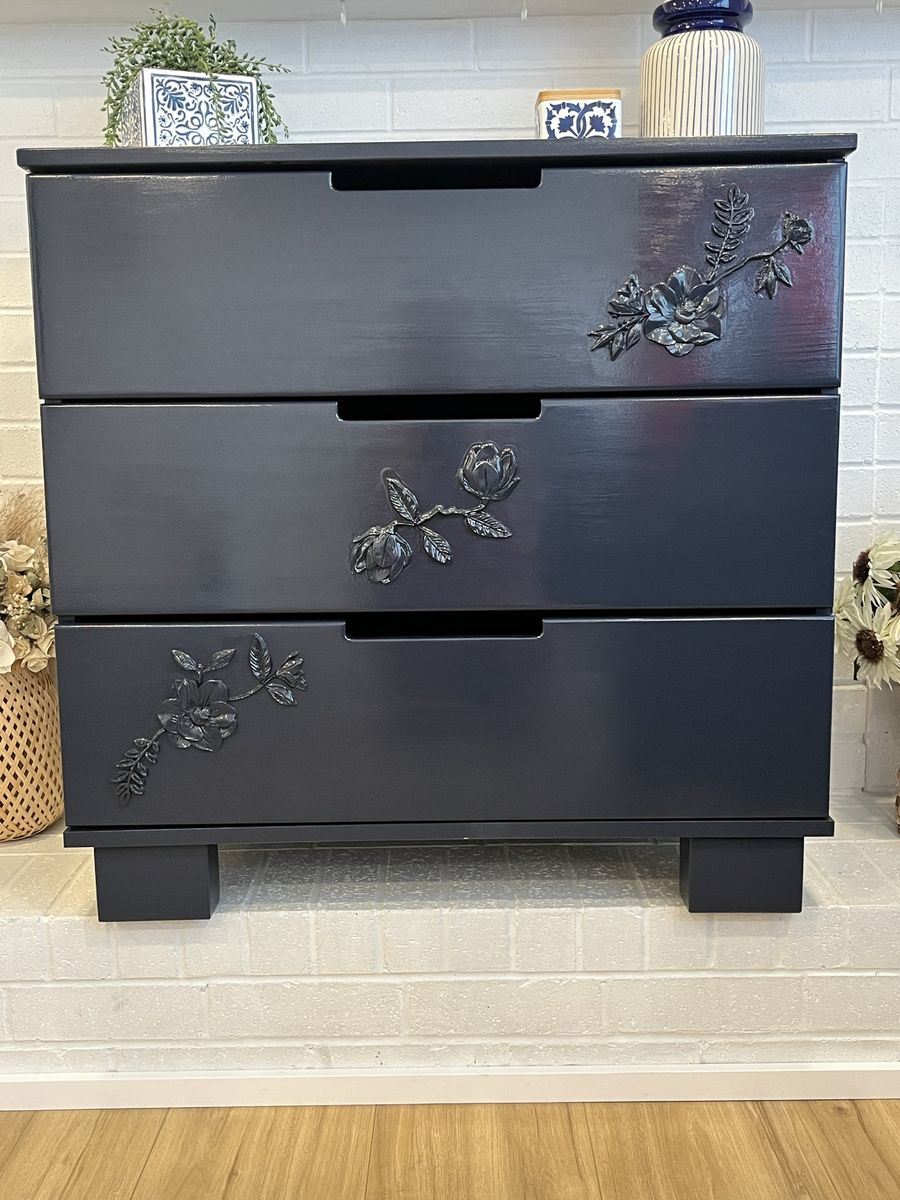 Custom Painted 3-Drawer Chest of Drawers with Floral Relief - Dark Blue Lacquered Dresser