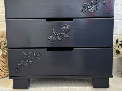 Custom Painted 3-Drawer Chest of Drawers with Floral Relief - Dark Blue Lacquered Dresser