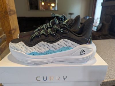 Unisex Youth Under Armour Curry 11 Basketball Shoes - Black, White, Aqua - Size 7Y (New)