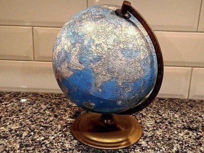 Vintage World Globe Blue Gold Metal Base Mid-Century Decor Small Desktop