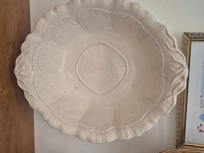 Vintage Crackle Glaze Ceramic Scalloped Serving Bowl/Platter - Large Decorative White Dish
