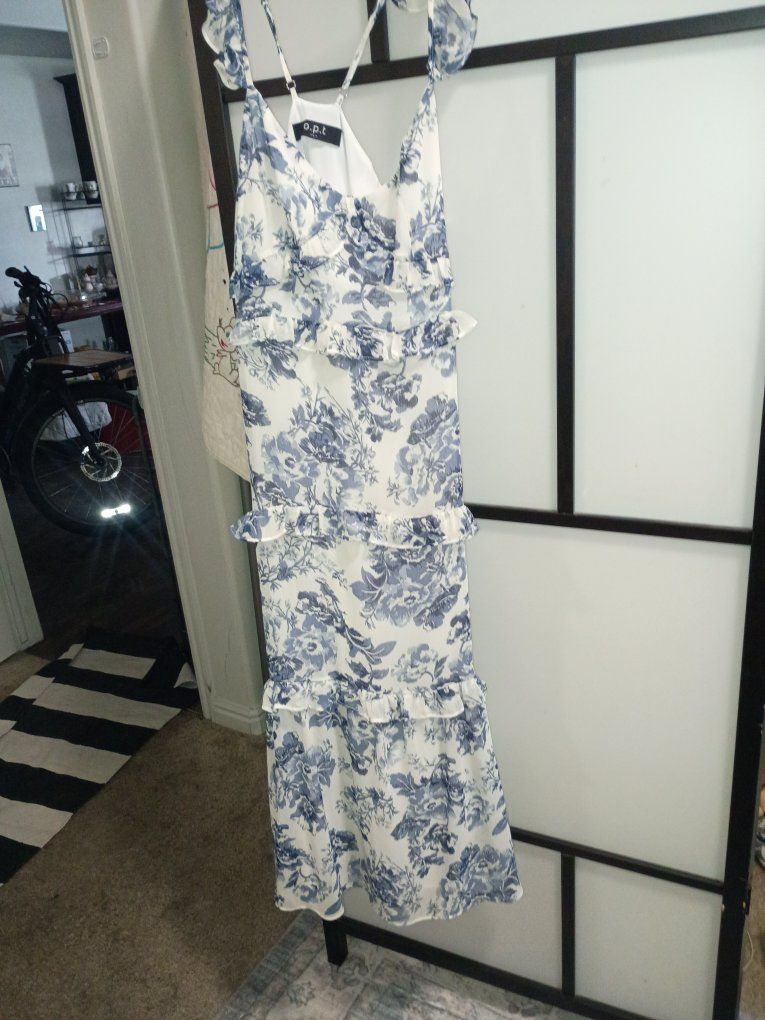 o.p.t. Blue and White Floral Ruffle Maxi Dress Size L