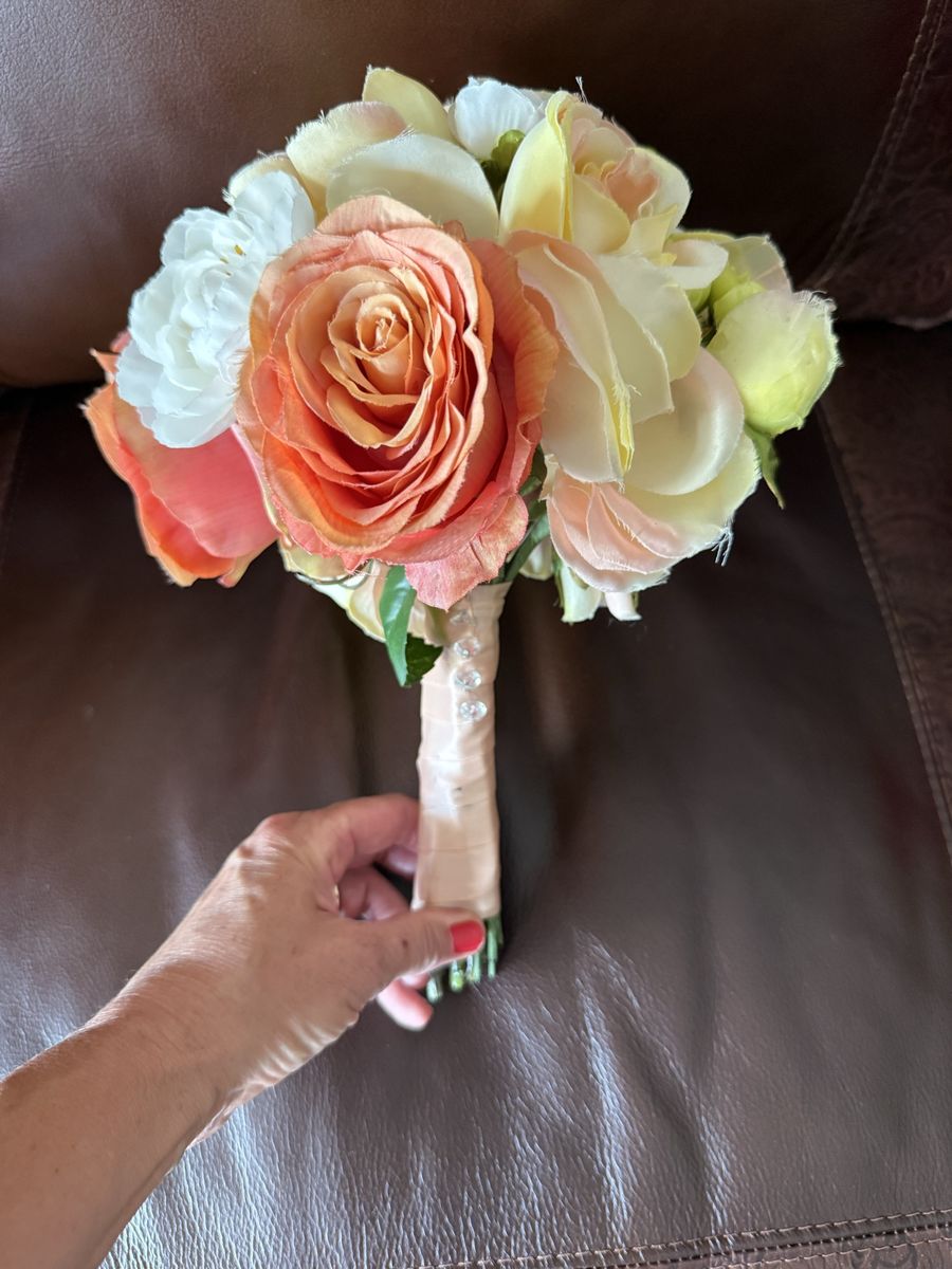 Fake bridal bouquet orange and cream roses 13”