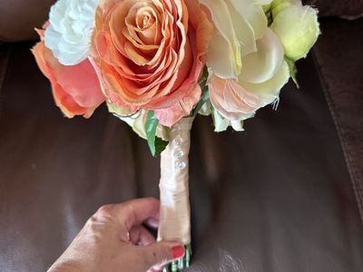 Fake bridal bouquet orange and cream roses 13”
