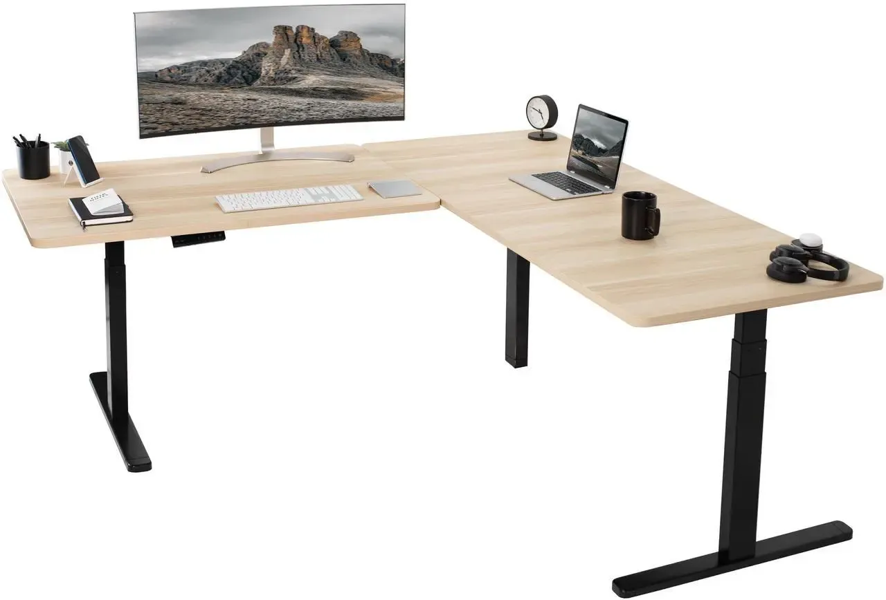 VIVO Electric Height Adjustable 77 x 71 inch Corner Stand Up Desk, 2 Light Wood 30 inch Deep Table Tops, Black Frame