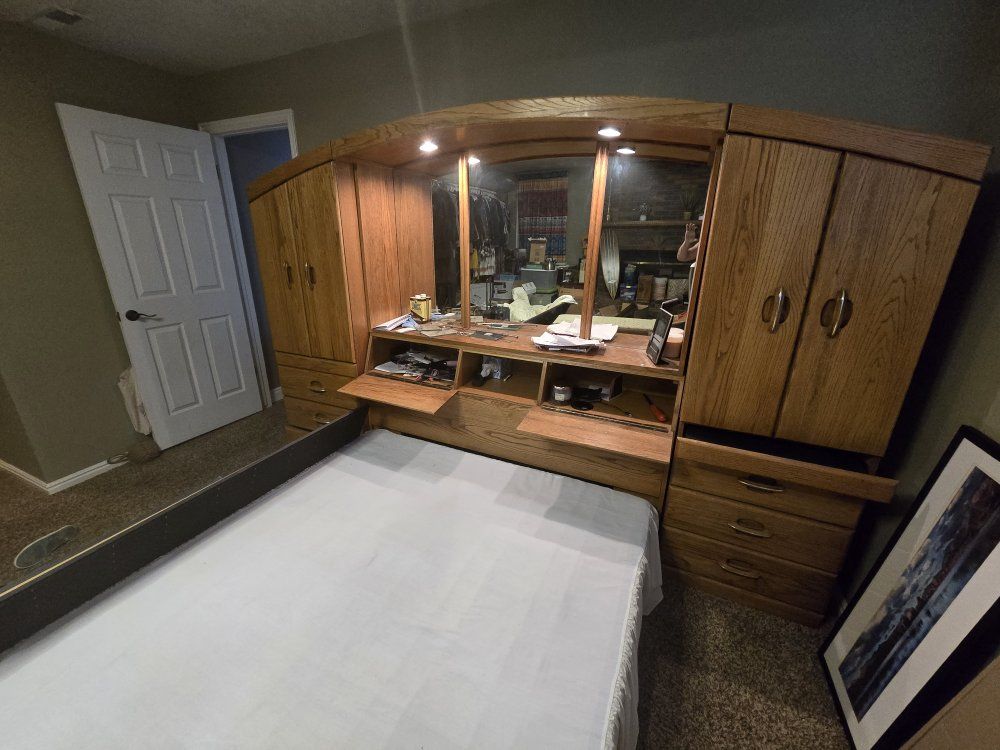 Queen Oak Wood Captain's Bed Frame with Headboard Storage, Cabinets, Drawers and Box Spring