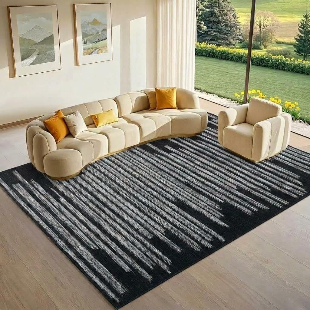 NEW Black Rug 6x9 Modern Striped Geometric Abstract