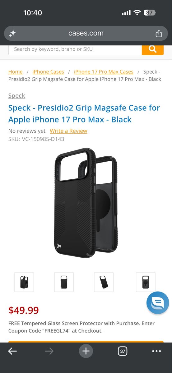 Speck Presidio2 Grip Magsafe Case for iPhone 17 Pro Max - Black