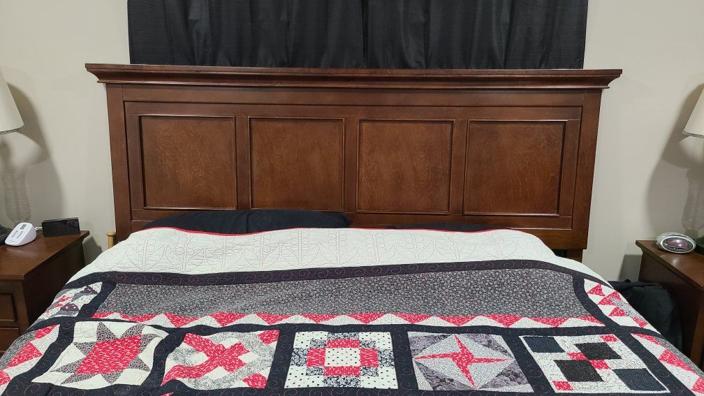 Wooden Panel King Size Headboard - Dark Cherry Finish with matching footboard.