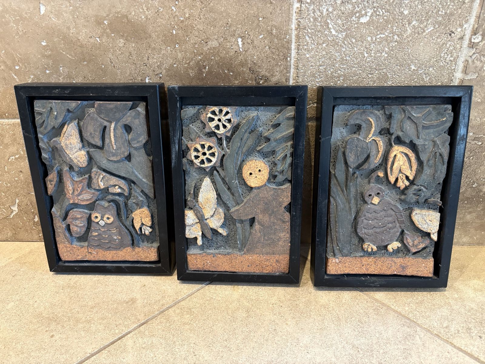 Set of 3 Bas-Relief Wall Art Owl, Quail,Woodsprite