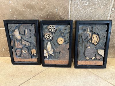 Set of 3 Bas-Relief Wall Art Owl, Quail,Woodsprite