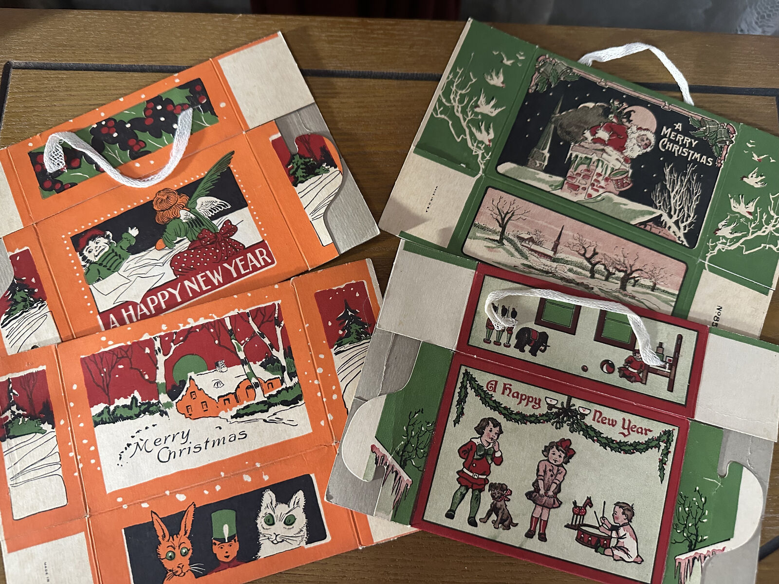 Vintage 1930's Christmas Cardboard Candy Container Box w/Woven Handle