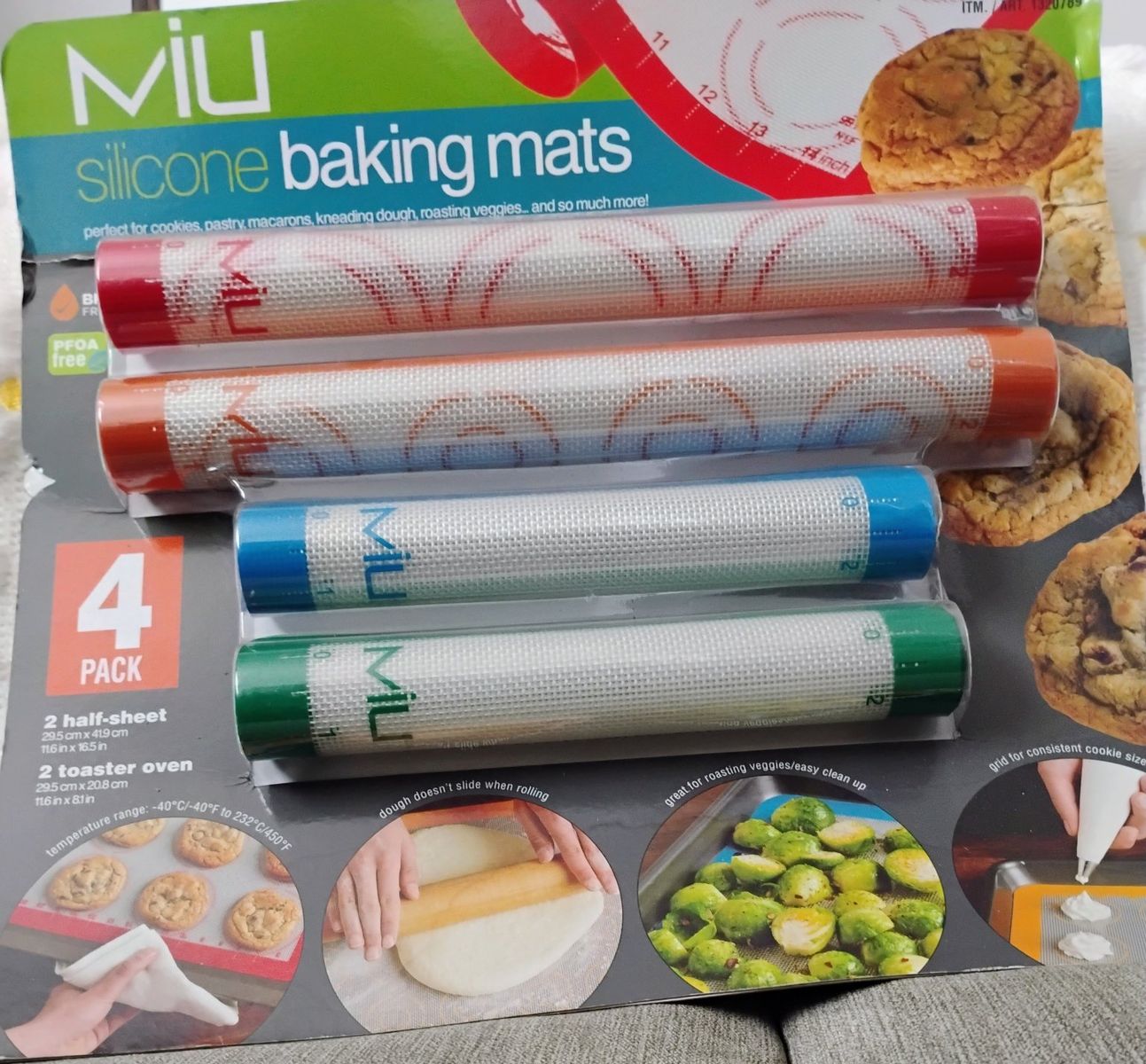 Miu 4-Pack Silicone Baking Mats - 2 Half-Sheet & 2 Toaster Oven Size, Non-Stick, Oven/Microwave/Freezer Safe