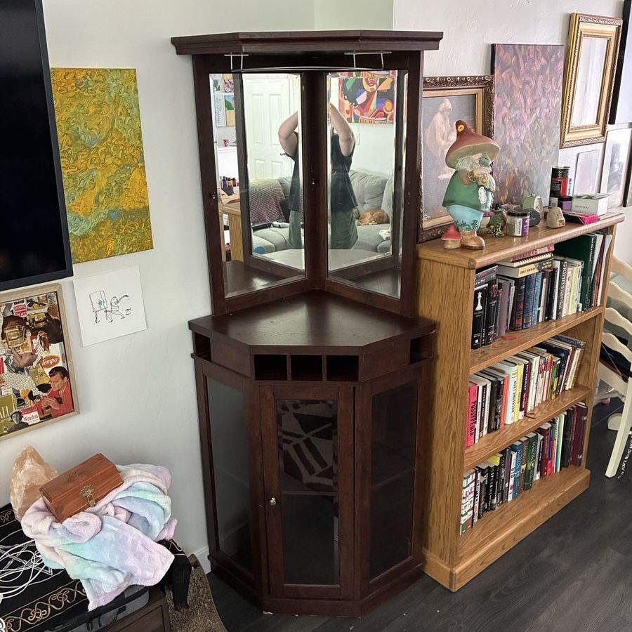 Corner Bar Cabinet with Mirrored Back and Wine Storage - Dark Wood Finish