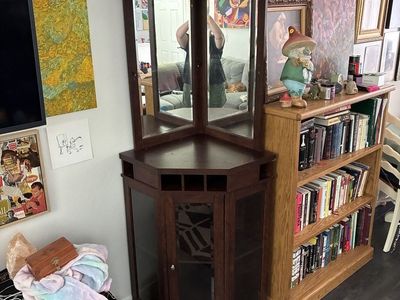 Corner Bar Cabinet with Mirrored Back and Wine Storage - Dark Wood Finish