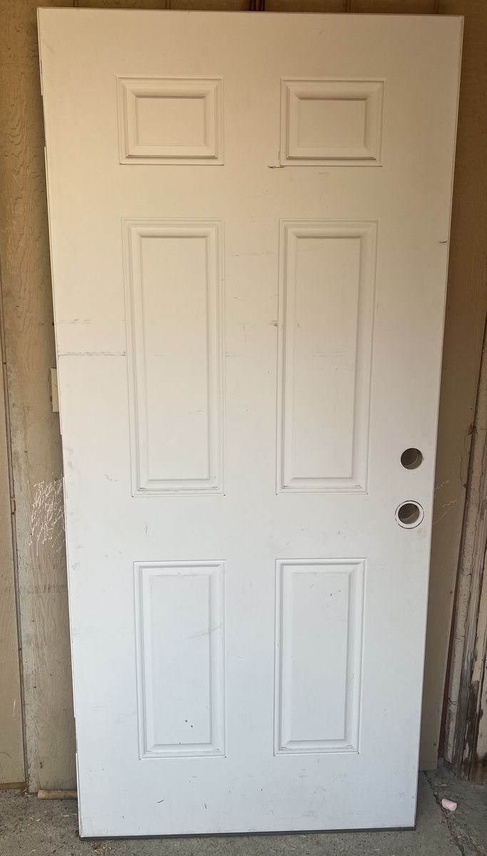 Used White Exterior 6-Panel Door - Standard Size with Pre-Drilled Handle Holes