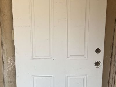 Used White Exterior 6-Panel Door - Standard Size with Pre-Drilled Handle Holes