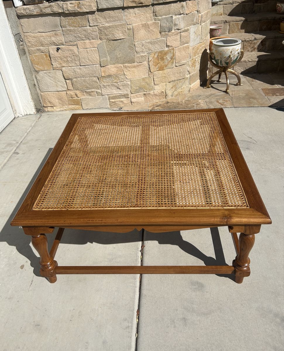 Vintage Mid-Century Rattan Woven Top Wooden Coffee Table Square Cane Accent Table