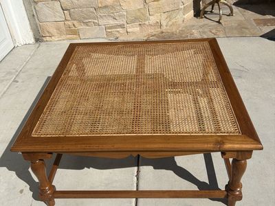 Vintage Mid-Century Rattan Woven Top Wooden Coffee Table Square Cane Accent Table
