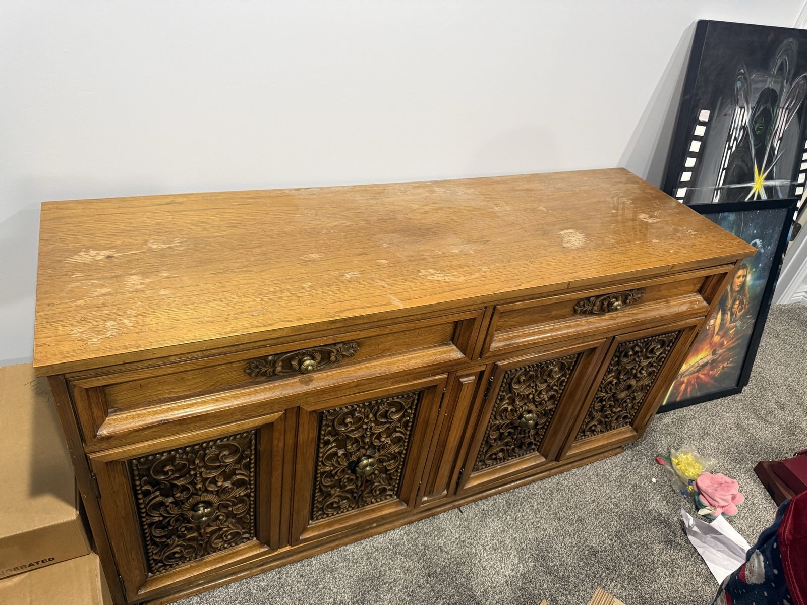Vintage Wooden Credenza Buffet with Carved Cabinet Doors
