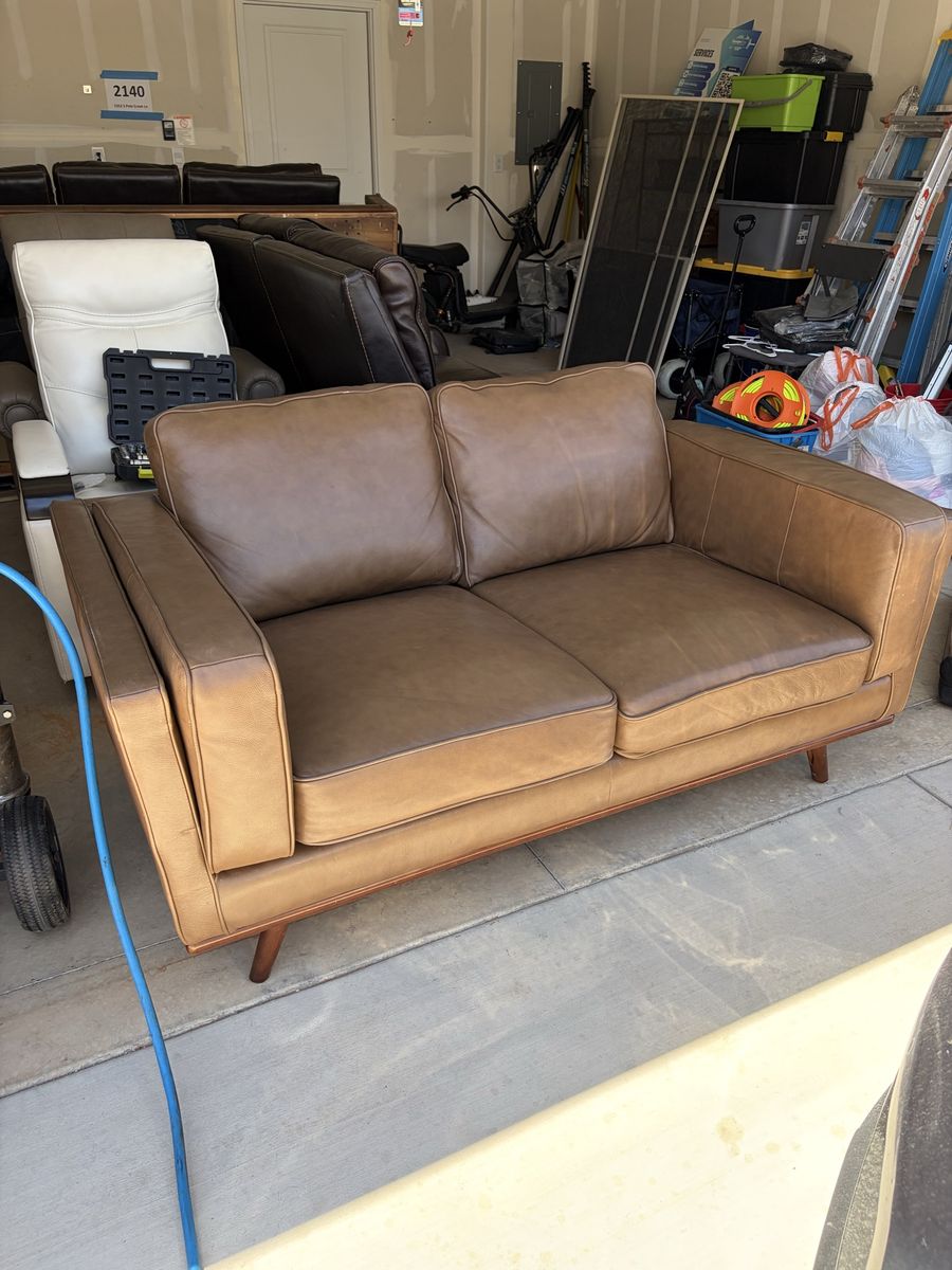 Abbyson Mid-Century Modern Tan Brown Leather Loveseat Sofa with Tapered Wood Legs