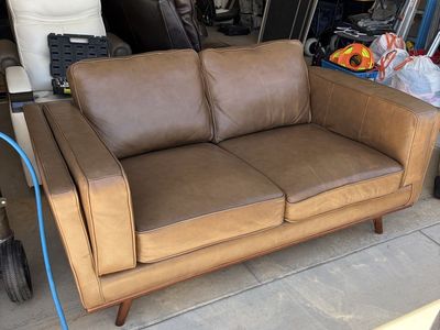 Abbyson Mid-Century Modern Tan Brown Leather Loveseat Sofa with Tapered Wood Legs