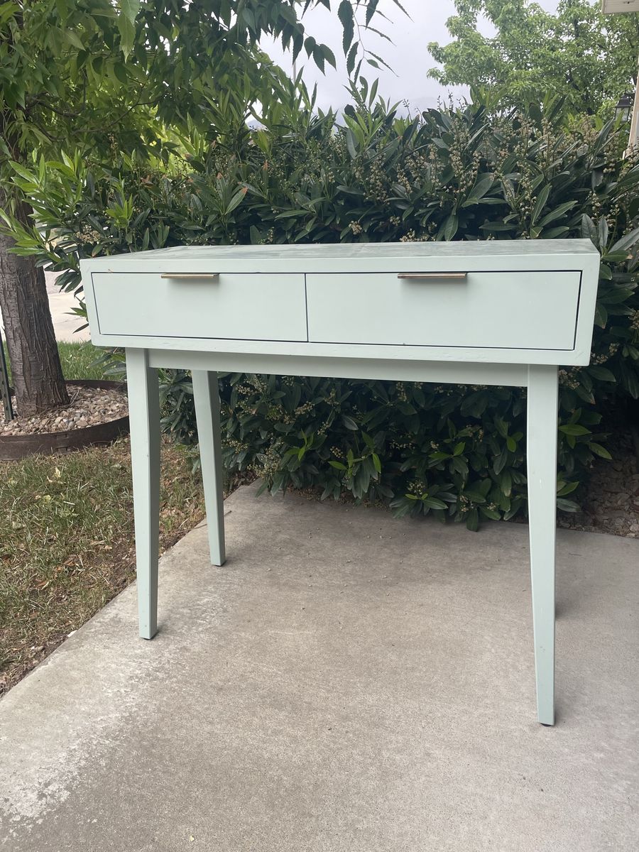Wood Target Desk Robins Egg Blue with Brass Hardware MCM