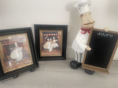 Chef Theme Kitchen Decor Set with Chef Figurine Chalkboard & Framed Prints